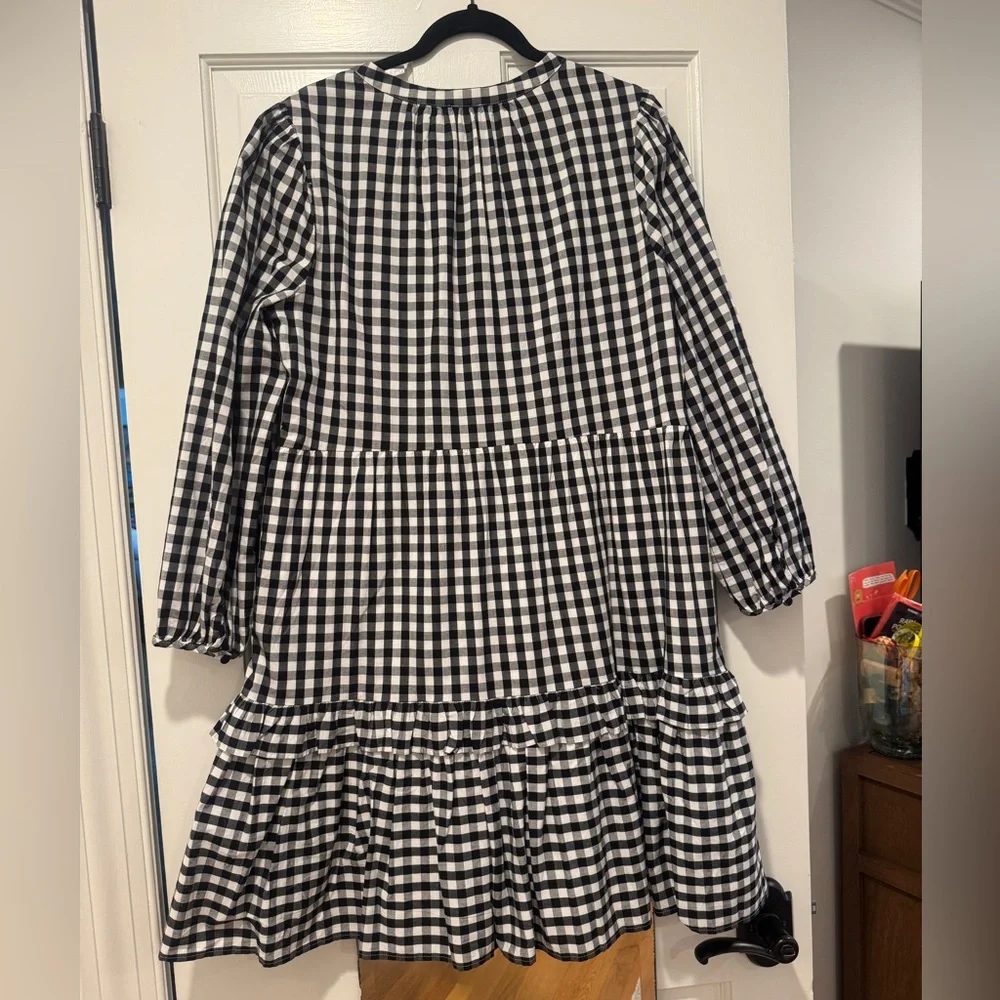 J.Crew Black & White Gingham Tiered Midi Dress | Size M | V-Neck Bishop Sleeves - Picture 2 of 4